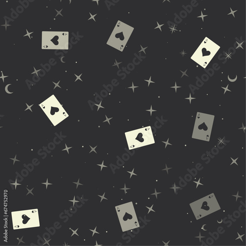 Seamless pattern with stars, ace of heart cards on black background. Night sky. Vector illustration on black background