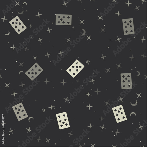 Seamless pattern with stars, seven of clubs playing cards on black background. Night sky. Vector illustration on black background