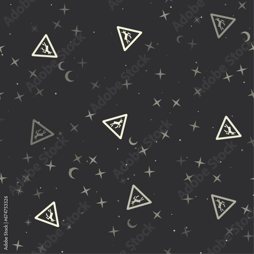 Seamless pattern with stars, wild animals road signs on black background. Night sky. Vector illustration on black background