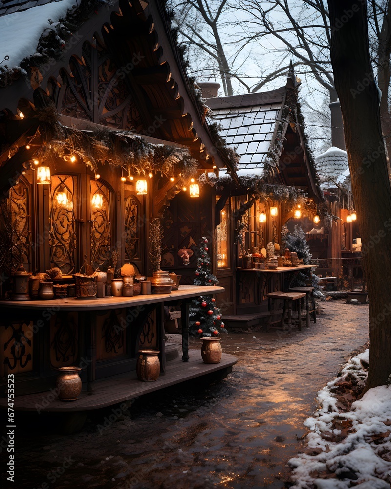 Beautiful wooden house decorated with Christmas lights in the winter forest.
