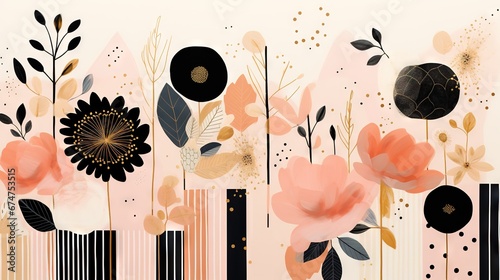 Pois abstraits, tampons et superpositions numériques floraux, or rose, palette de couleurs audacieuses, emblématique, géométrique. Idéal comme arrière-plan ou fond d'écran. IA générative, IA