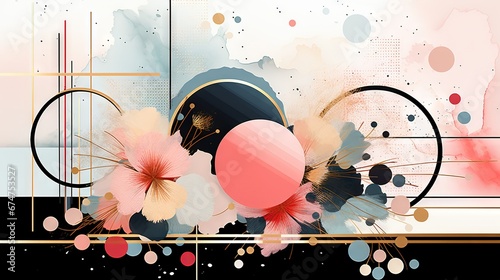 Pois abstraits, tampons et superpositions numériques floraux, or rose, palette de couleurs audacieuses, emblématique, géométrique. Idéal comme arrière-plan ou fond d'écran. IA générative, IA