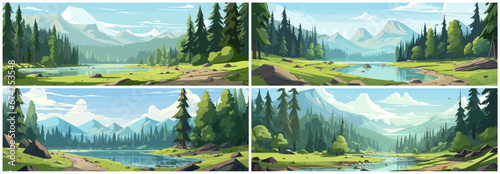 Mountain lake cartoon landscape. Switzerland nature loch with coniferous forest mountains and clouds above beautiful summer background, morning travel scenery