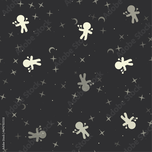 Seamless pattern with stars, Voodoo Doll symbols on black background. Night sky. Vector illustration on black background