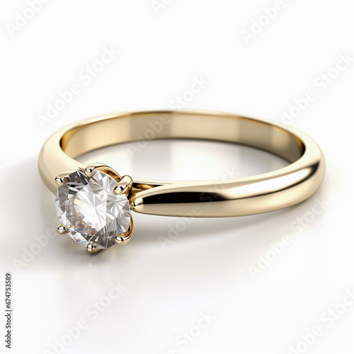 Golden ring with diamonds. A gold engagement ring with a diamond on a light background. Generative artificial intelligence