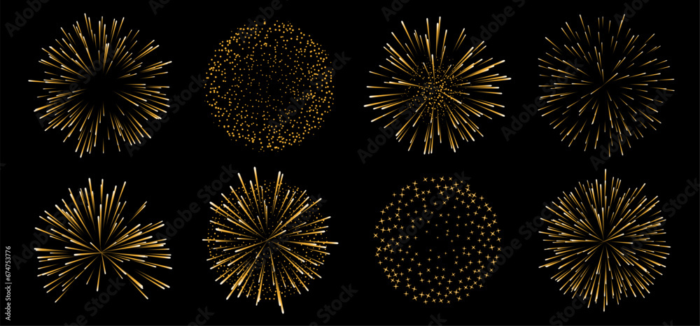 A vector set of eight fireworks, isolated on a black background - obrazy, fototapety, plakaty 