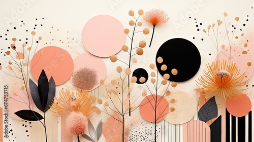 Pois abstraits, tampons et superpositions numériques floraux, or rose, palette de couleurs audacieuses, emblématique, géométrique. Idéal comme arrière-plan ou fond d'écran. IA générative, IA