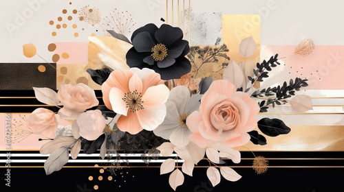 Pois abstraits, tampons et superpositions numériques floraux, or rose, palette de couleurs audacieuses, emblématique, géométrique. Idéal comme arrière-plan ou fond d'écran. IA générative, IA