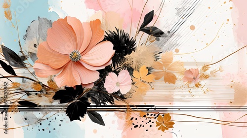 Pois abstraits, tampons et superpositions numériques floraux, or rose, palette de couleurs audacieuses, emblématique, géométrique. Idéal comme arrière-plan ou fond d'écran. IA générative, IA