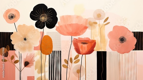 Pois abstraits, tampons et superpositions numériques floraux, or rose, palette de couleurs audacieuses, emblématique, géométrique. Idéal comme arrière-plan ou fond d'écran. IA générative, IA