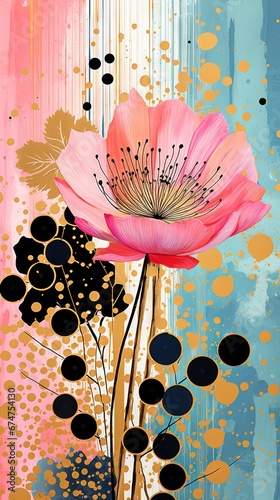 Pois abstraits, tampons et superpositions numériques floraux, or rose, palette de couleurs audacieuses, emblématique, géométrique. Idéal comme arrière-plan ou fond d'écran. IA générative, IA