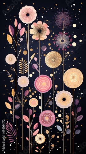 Pois abstraits, tampons et superpositions numériques floraux, or rose, palette de couleurs audacieuses, emblématique, géométrique. Idéal comme arrière-plan ou fond d'écran. IA générative, IA