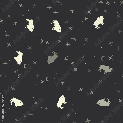 Seamless pattern with stars, buffalo symbols on black background. Night sky. Vector illustration on black background