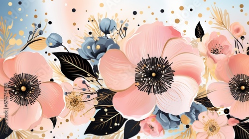 Pois abstraits, tampons et superpositions numériques floraux, or rose, palette de couleurs audacieuses, emblématique, géométrique. Idéal comme arrière-plan ou fond d'écran. IA générative, IA