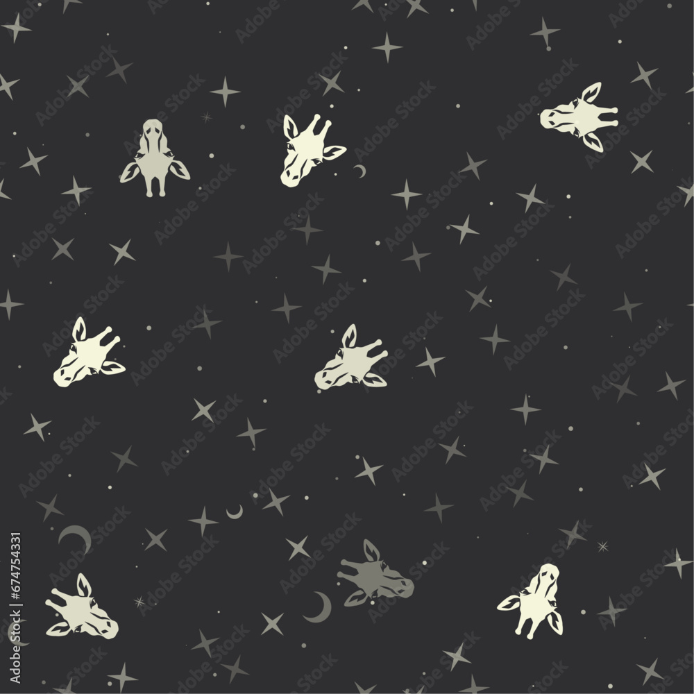 Seamless pattern with stars, giraffe head symbols on black background. Night sky. Vector illustration on black background Seamless pattern with stars, giraffe head symbols on black background. Night sky. Vector illustration on black background