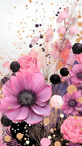 Pois abstraits, tampons et superpositions numériques floraux, or rose, palette de couleurs audacieuses, emblématique, géométrique. Idéal comme arrière-plan ou fond d'écran. IA générative, IA