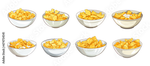 Breakfast cornflakes in bowls with milk. Cornflake fast food, snack or lunch. Isolated white bowls with chips. Vector eating clipart