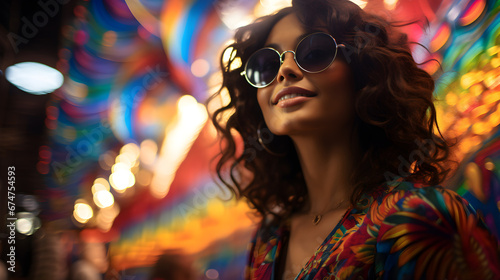 Estilo Latino Vintage: La Joven Que Resplandece en la Fiesta Retro fondo multicolor y mujer retro muy feliz