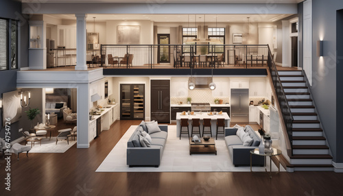 Stunning Panorama of Luxury Home Interior with Open Concept Floor Plan: Shows Living Room, Dining Room, Kitchen, and Entry. Elegant Stairs Lead up to Second Story. AI generated. © DayDay Studio
