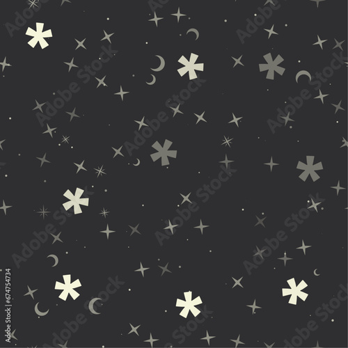 Seamless pattern with stars, multiply symbols on black background. Night sky. Vector illustration on black background