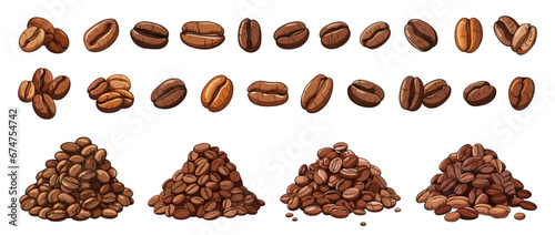 Coffee beans isolated set. Bean piles and simple, energy drink raw elements. Agriculture, nature vector collection