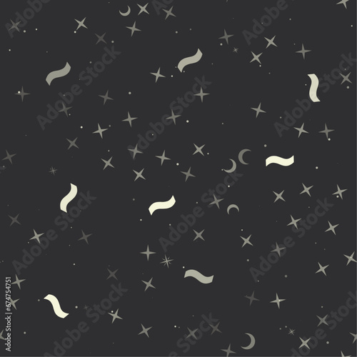 Seamless pattern with stars, tilde symbols on black background. Night sky. Vector illustration on black background