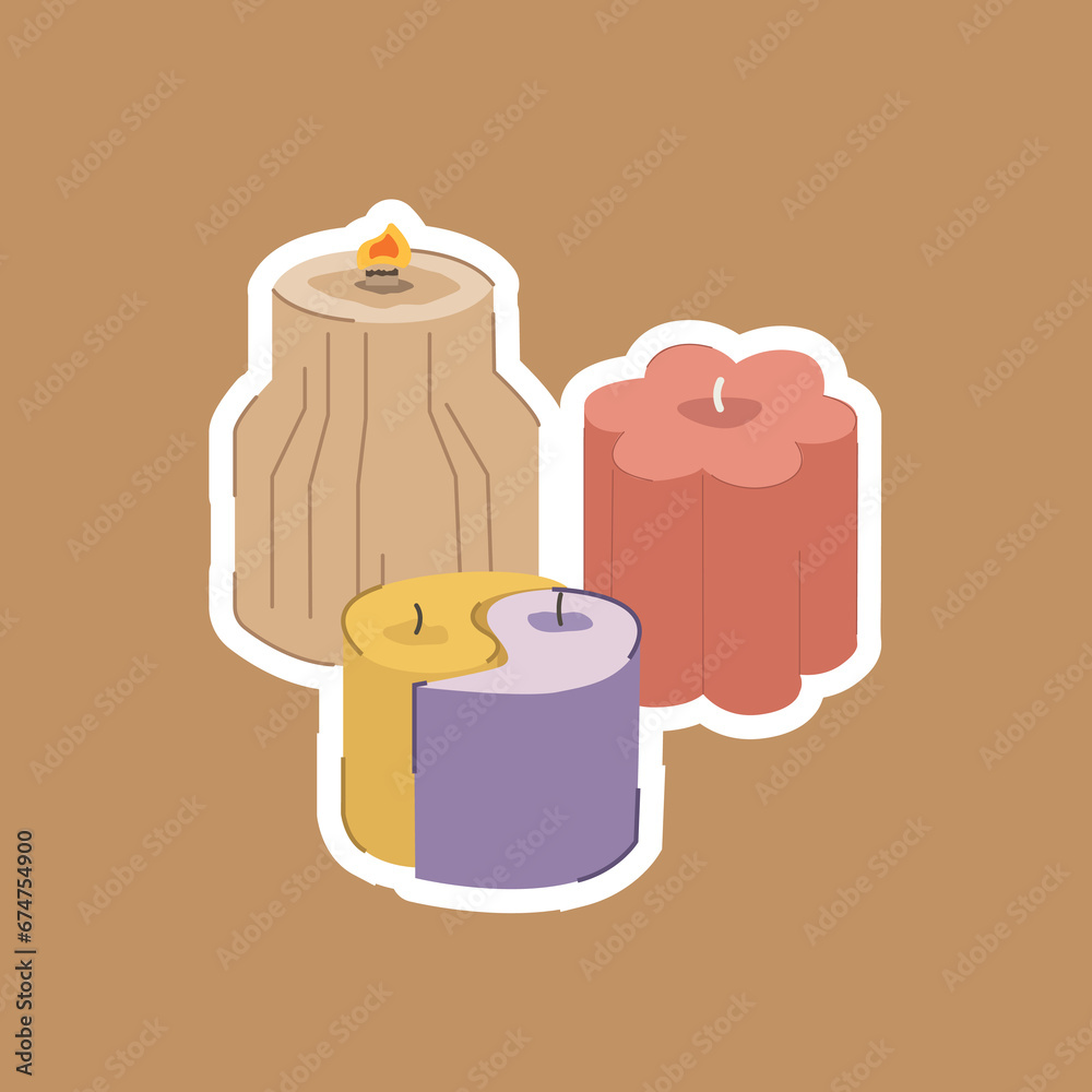 Set of three candles. Sticker with candles on brown background. Aroma candles vector illustration. Set of three candles. Sticker with candles on brown background. Aroma candles vector illustration.