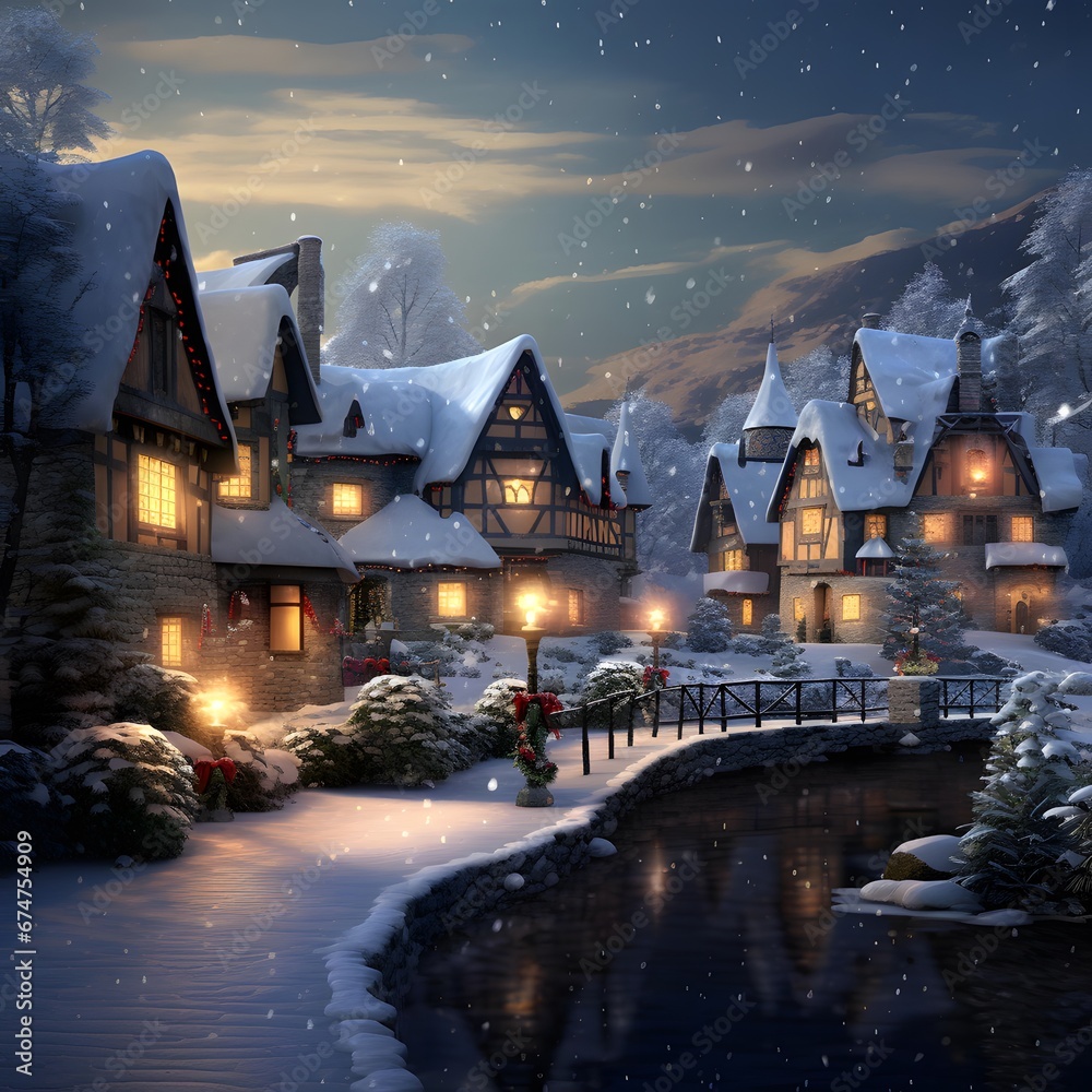 Winter night in the village. Snowy village. Christmas background.