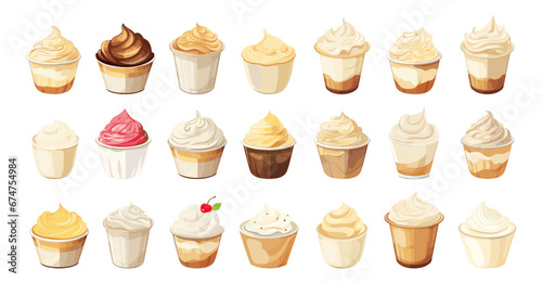 Desserts in mugs with cream. Sweet coffee with foam, milkshake or creme-brulee. Panna cotta, bakery or cafe food vector clipart