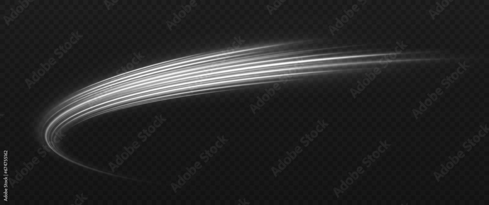 Silver space trail with light effect. Magic wavy comet on transparent background. Sparkling cosmic lines effect. - obrazy, fototapety, plakaty 