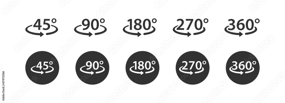 45, 90, 180, 270, 360 degree icon. Arrow rotate symbol. Angle signs. Turn symbols. Rotation icons. Black color. Vector sign.