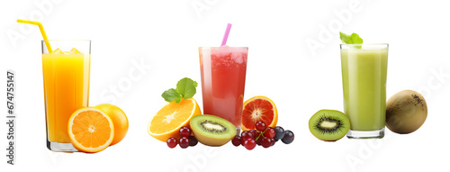 Fruit juice isolated on transparent PNG background, orange, strawberry, kiwi , Generative Ai