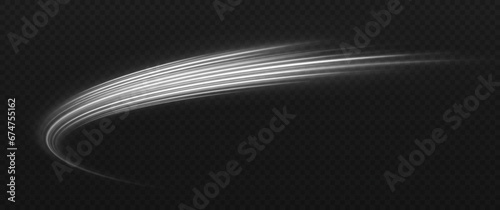 Silver space trail with light effect. Magic wavy comet on transparent background. Sparkling cosmic lines effect.