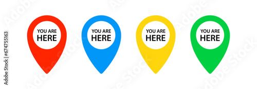 You are here icon. Map pin symbol. Place marker. Map pointer. Navigation position. Destination address. GPS tag. Flat color. Vector sign.