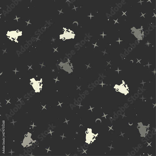 Seamless pattern with stars, frog symbols on black background. Night sky. Vector illustration on black background