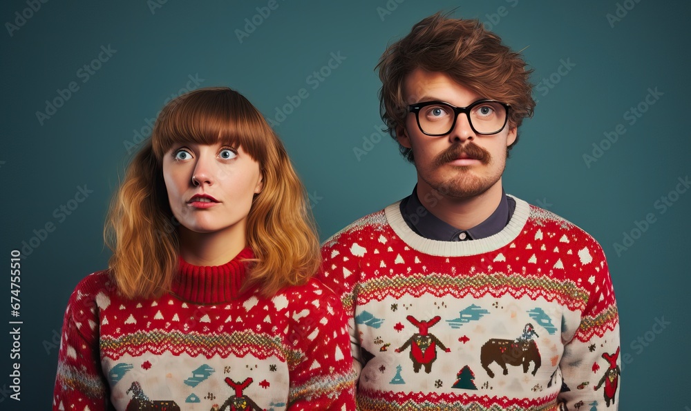 Young happy couple friends, man woman wear Christmas ugly sweater Santa hat posing spread hands isolated on plain colour studio background. Happy New Year, holiday, love of the season Young happy couple friends, man woman wear Christmas ugly sweater Santa hat posing spread hands isolated on plain colour studio background. Happy New Year, holiday, love of the season