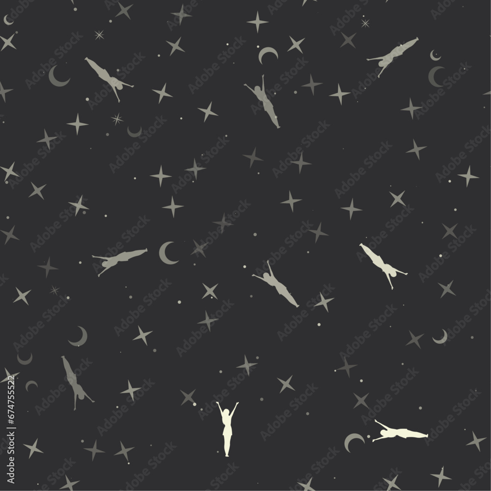 Seamless pattern with stars, woman with hands up symbols on black background. Night sky. Vector illustration on black background Seamless pattern with stars, woman with hands up symbols on black background. Night sky. Vector illustration on black background