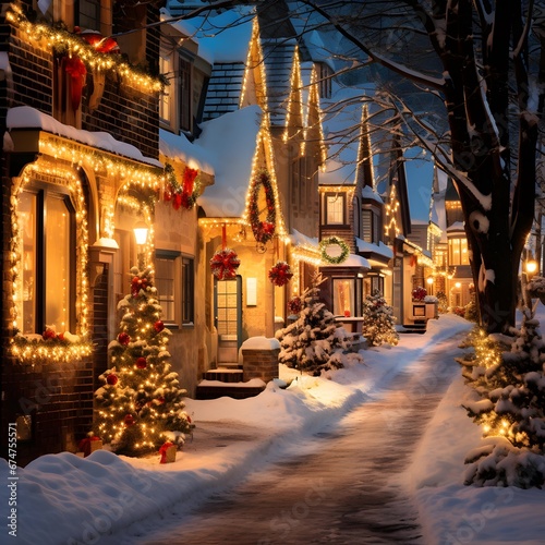 Snowy street with houses and christmas lights in Montreal, Canada