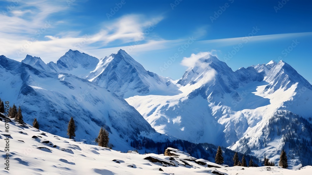 panoramic view of snowy mountains in the Swiss Alps in winter