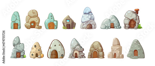 Primitive human dwelling, stones houses. Cartoon isolated dwellings, ancient people living buildings architectures. Vector tiny homes icons