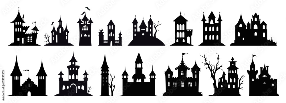 Spooky black castles silhouettes. Fairytale castle icons, isolated witch and evil wizard houses. Kingdom architecture buildings, magic vector clipart