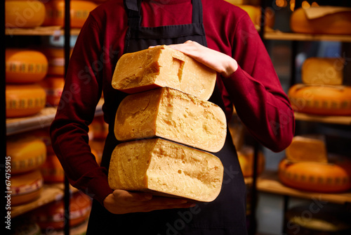 Man holding cheese brocks in specials place for cheese storage and production. Eco food. Aged cheese. Concept of food, taste, art of organic products, healthy, natural food. photo