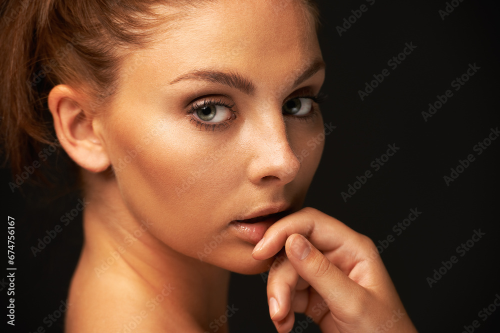 Skincare, portrait or woman with beauty aesthetic or results for glow, shine or change in studio. Black background, girl or serious model with cosmetics for treatment, wellness or smooth face Skincare, portrait or woman with beauty aesthetic or results for glow, shine or change in studio. Black background, girl or serious model with cosmetics for treatment, wellness or smooth face