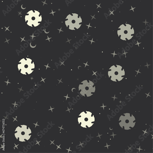 Seamless pattern with stars, milling disc symbols on black background. Night sky. Vector illustration on black background