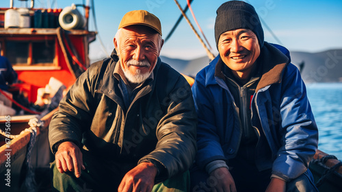 Portrait of two Asian fishermen sitting on its boat.