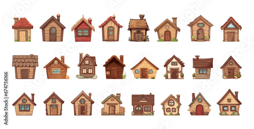 Tiny wooden houses, countryside architecture buildings. Fairytale style home, cute village homes vector icons. Isolated rural house clipart photo