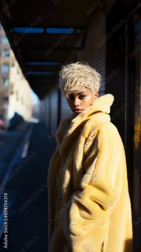 young beautiful african american woman in yellow fur coat posing on city street
