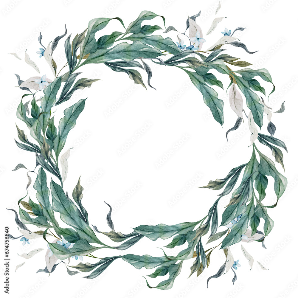 Wedding watercolor wreath with green hydrangea leaves.