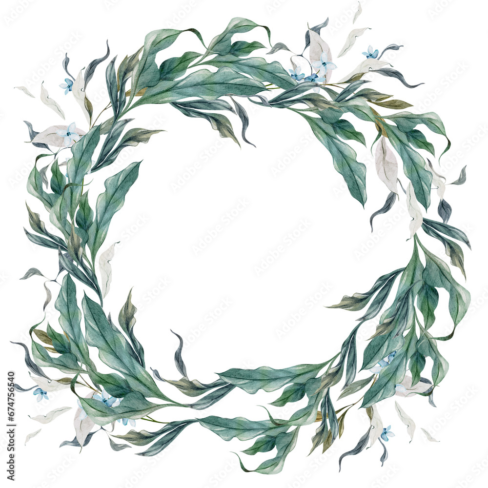 Wedding watercolor wreath with green hydrangea leaves. Wedding watercolor wreath with green hydrangea leaves.