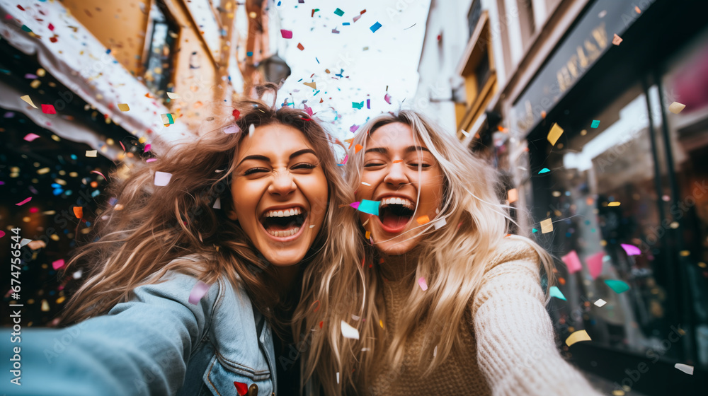 Fototapeta premium Two young women taking selfie with confetti in a city street. 